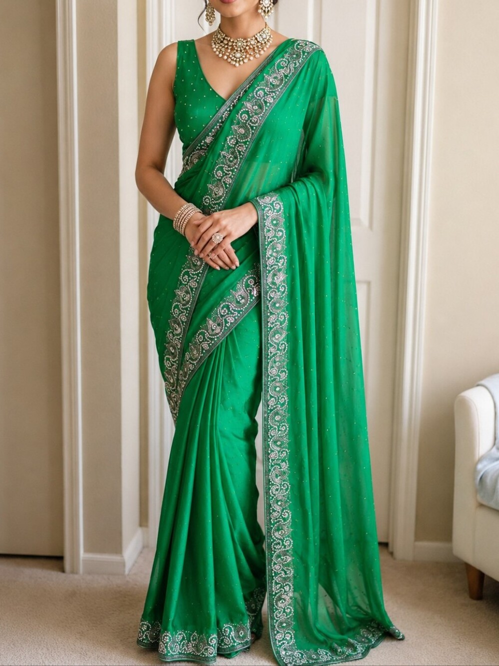 DESIGNER DIAMOND Beaded  ZARDOZI SATIN GEORGETTE GREEN SAREE W/ BLOUSE 34/XS